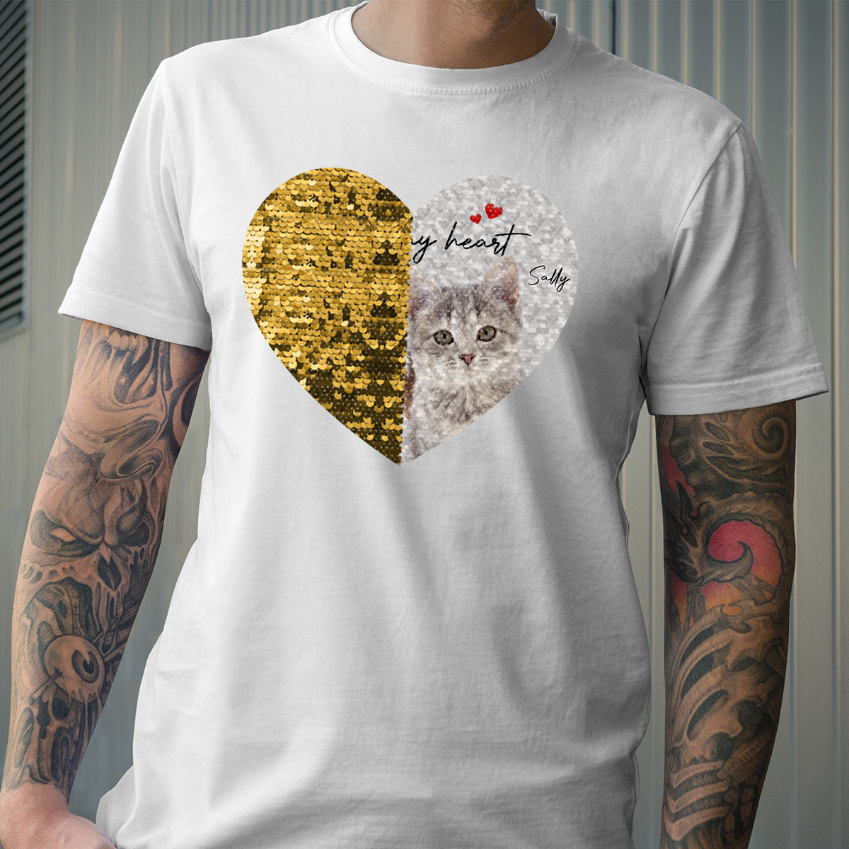 T-shirt à sequins personnalisé avec photo de chien et chat « Pour toujours dans mon cœur » - Cadeau idéal pour les amoureux des chiens et des chats