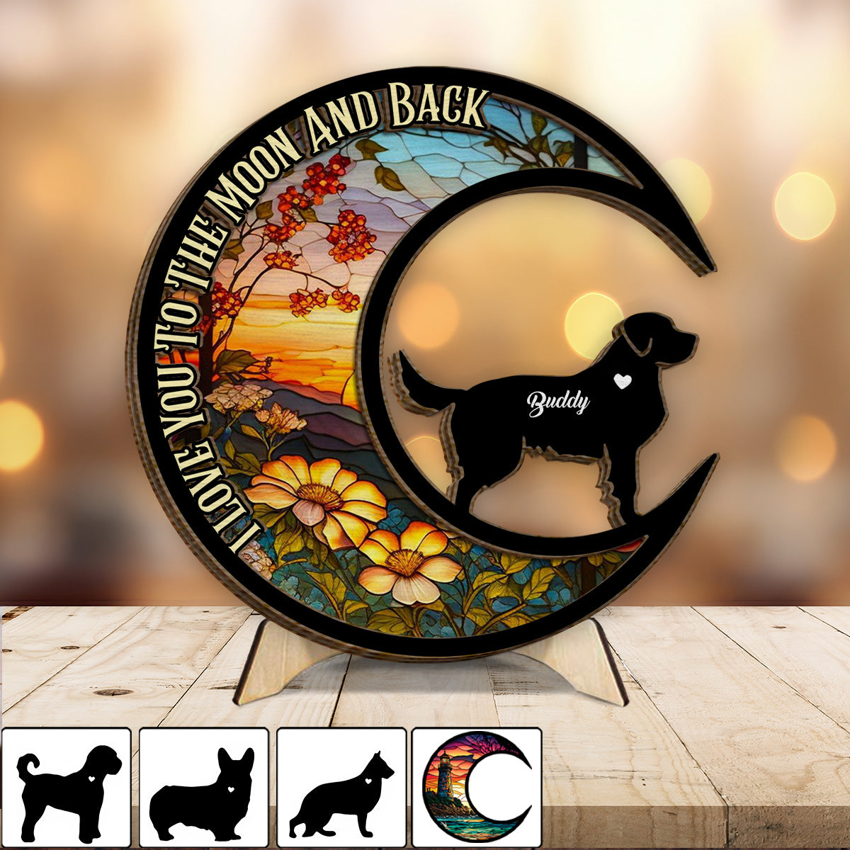 Je t'aime jusqu'à la lune et retour - Cadeau pour les amoureux des chiens - Plaque en bois personnalisée à 2 couches