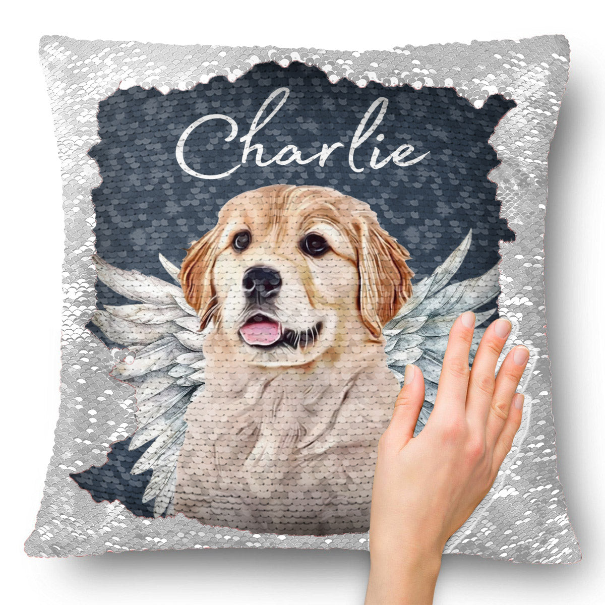 Dog Cat Angel Wings - Gift for dog lovers, cat lover, who lost dog, who lost cat - Personalized Sequin Pillow Cover