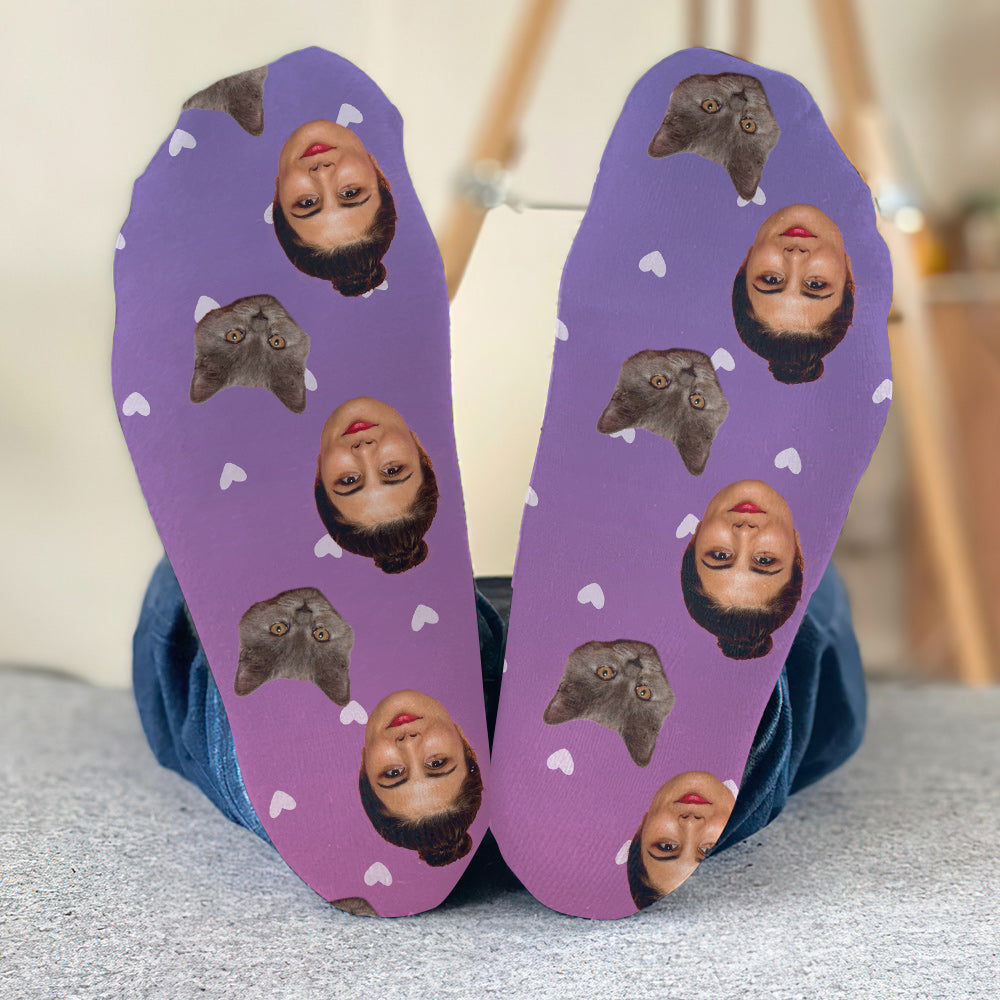 Custom Face Purple Pattern - Personalized Cat Socks