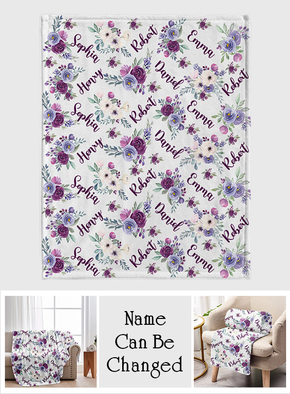 Custom Name Purple Flowers - Personalized Family Blanket