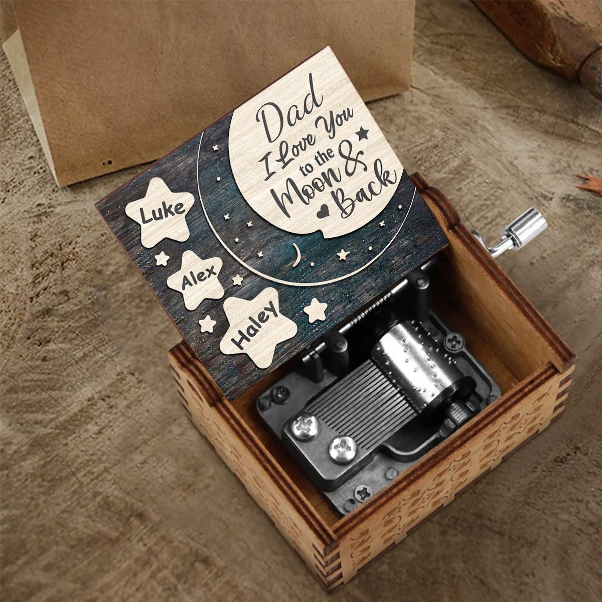 I Love You To The Moon And Back - Gift for mom, grandma, dad, grandpa - Personalized Hand Crank Music Box