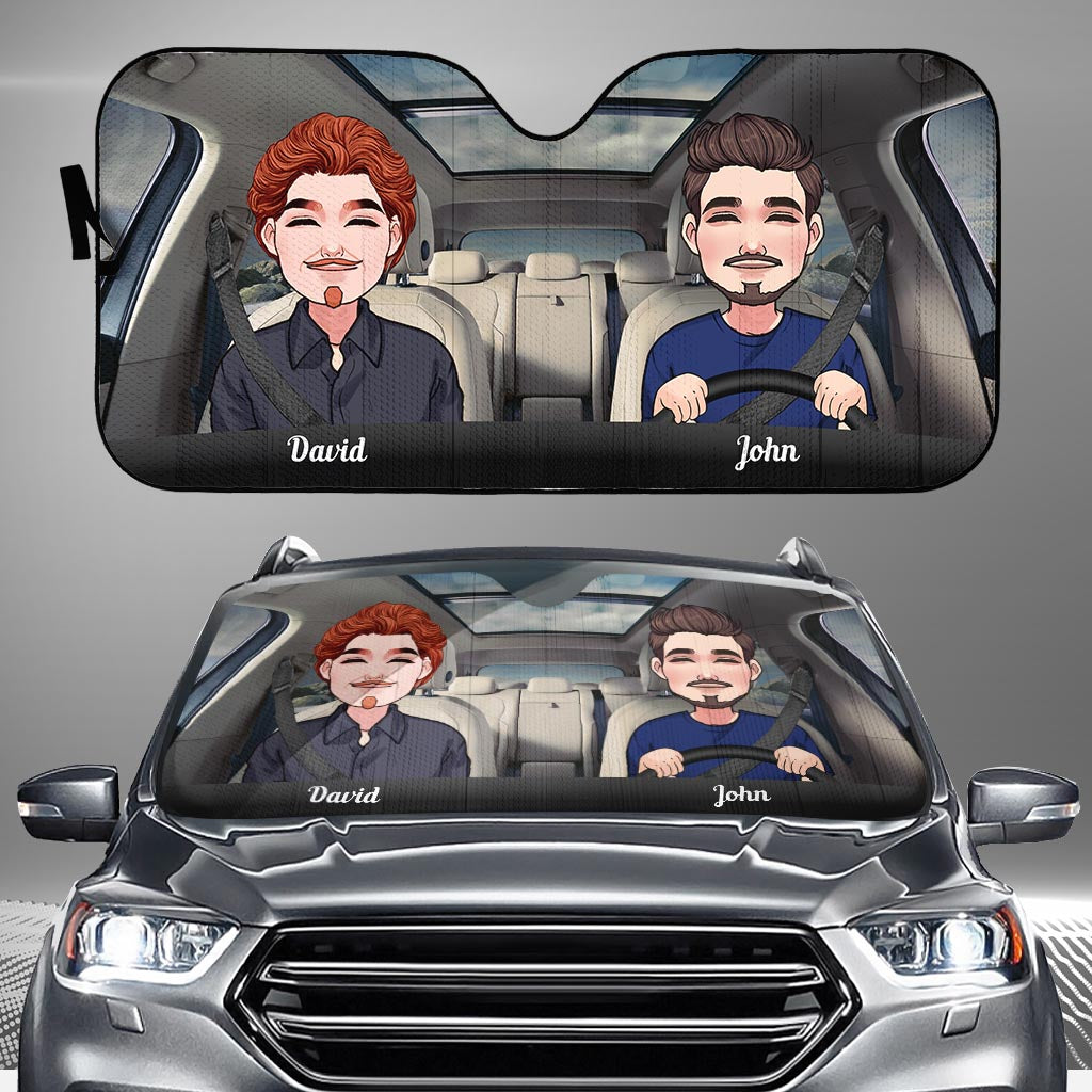 Adventure Awaits - Husband And Wife gift for wife, husband, girlfriend, boyfriend, mom, dad - Personalized Car Sunshade