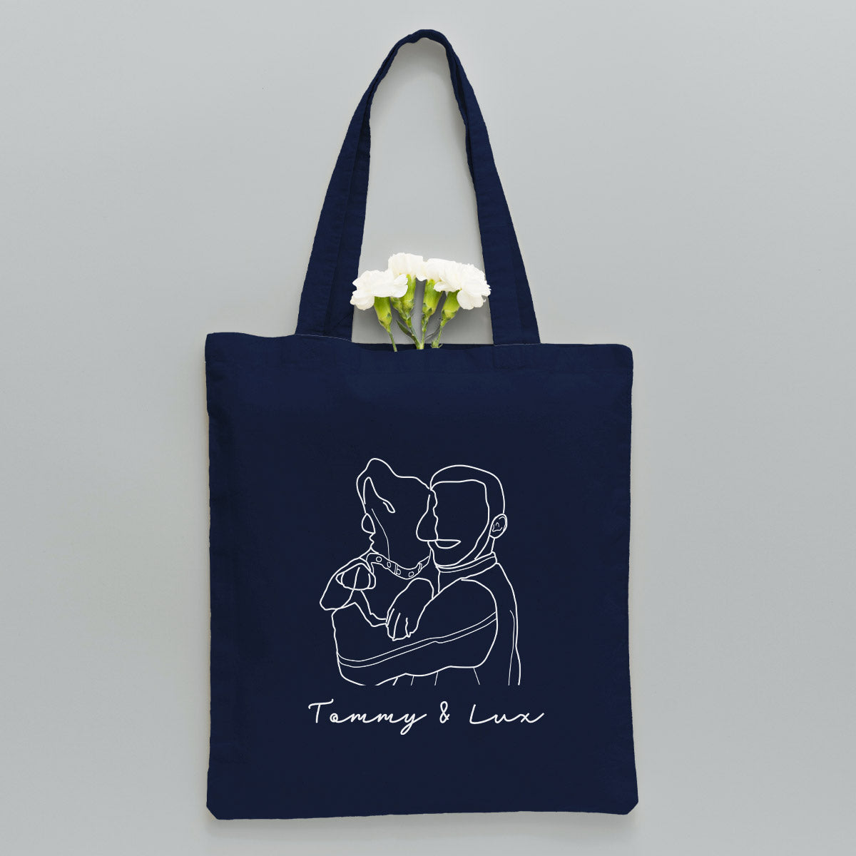 Individuelle Foto-Strichzeichnung – Personalisierte Tragetasche mit Hundestickerei