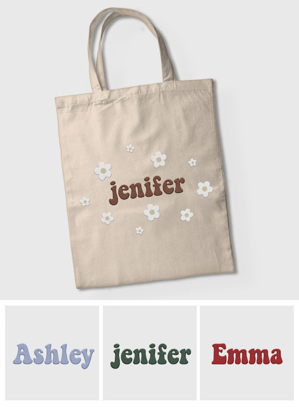 Personalisierte Tragetasche mit Namensstickerei und Blume – Bestickte Tasche für die Tochter