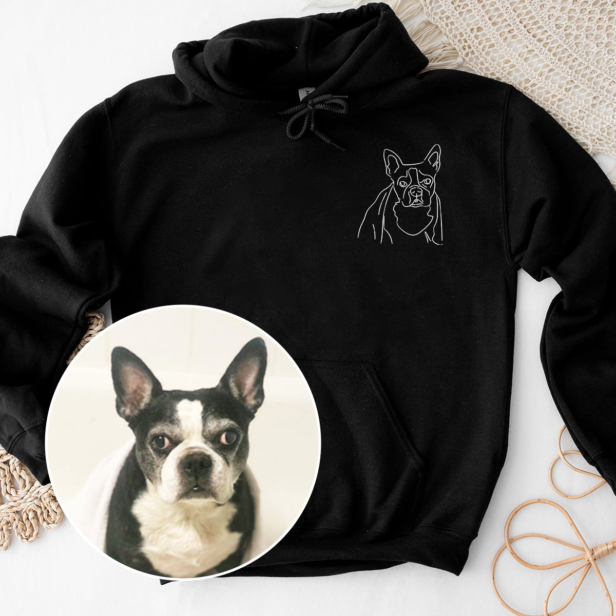 Individuelle Linienzeichnung – Personalisierter Hoodie mit Hundestickerei