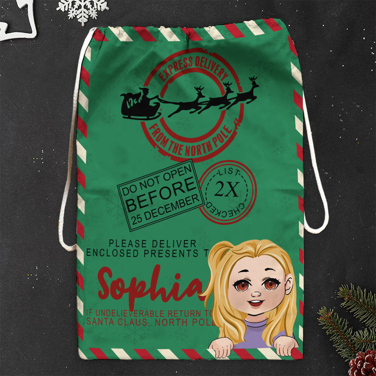 North Pole Express Santa Delivery Sack - Personalized Family Drawstring Tote Bag