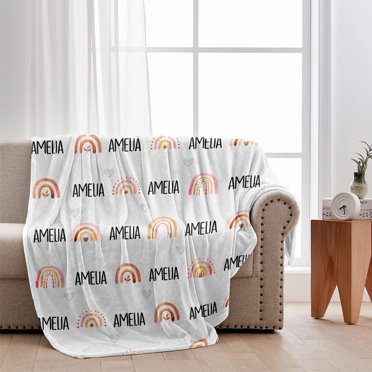 Personalisierte Retro-Regenbogen-Decke mit individuellem Namen für die Enkelin