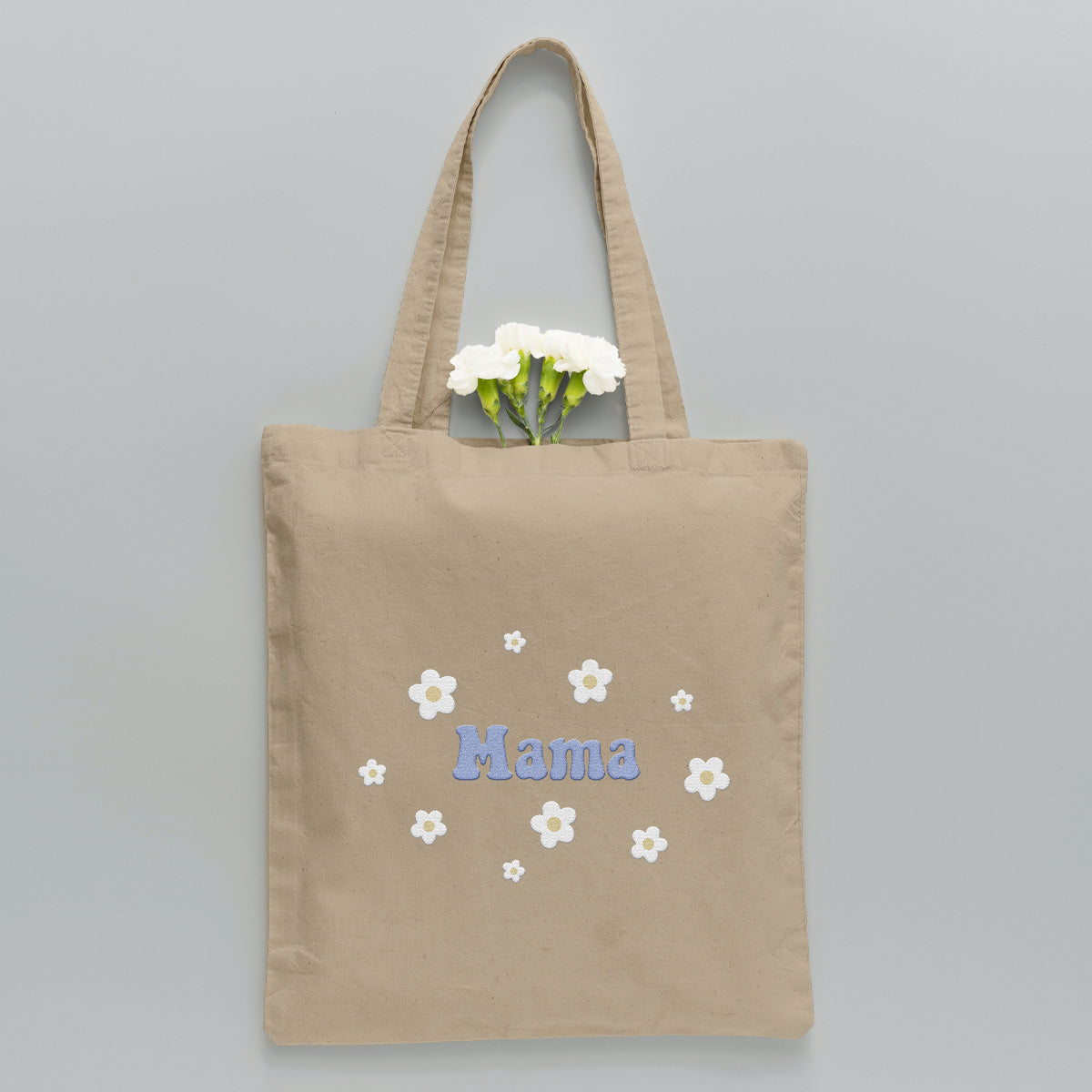 Personalisierte Tragetasche mit Namensaufdruck und Blume – bestickt für Stiefmütter
