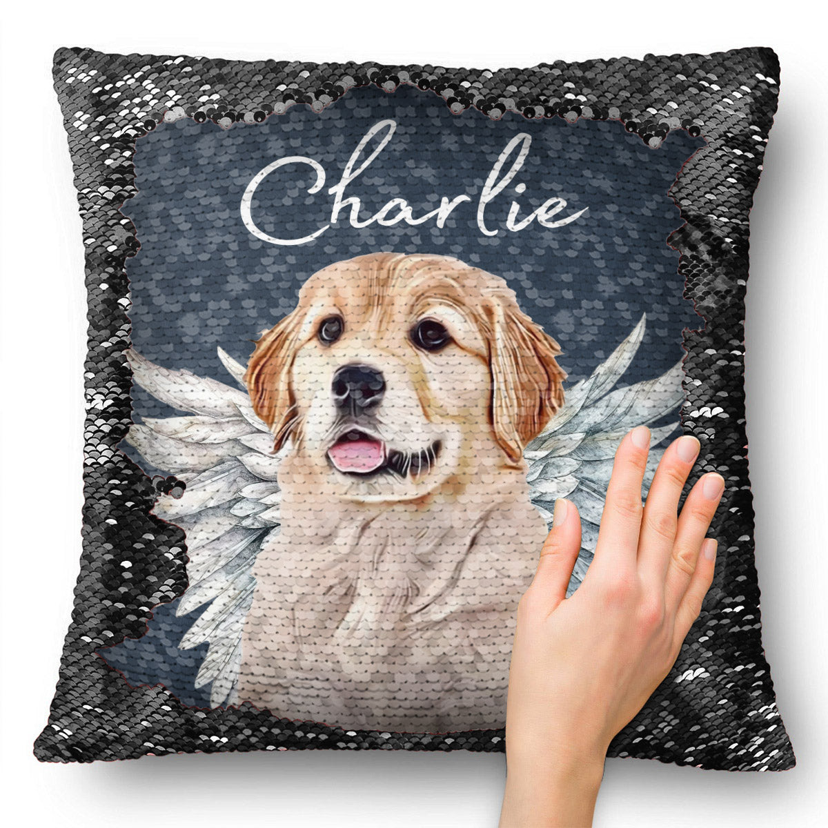 Dog Cat Angel Wings - Gift for dog lovers, cat lover, who lost dog, who lost cat - Personalized Sequin Pillow Cover