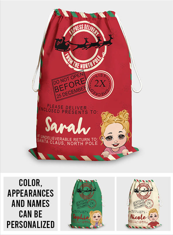 North Pole Express Santa Delivery Sack - Personalized Family Drawstring Tote Bag