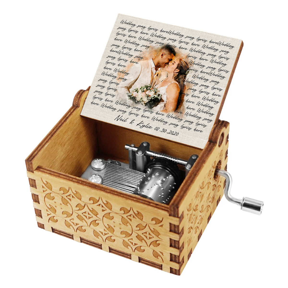 Wedding Song Lyrics With Personalized Watercolor Portrait - Personalized Husband And Wife Hand Crank Music Box