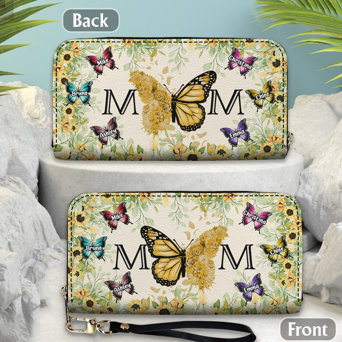 Mom Butterfly - Personalized Mother Leather Long Wallet
