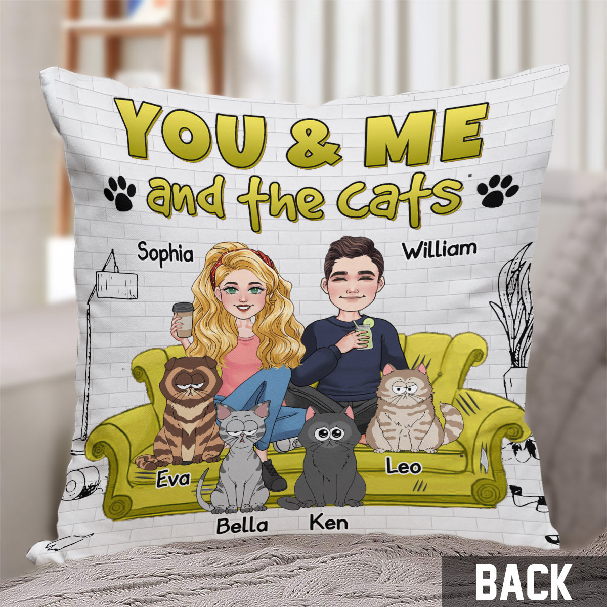 Coussin décoratif personnalisé pour chats « Toi, moi et les chats »
