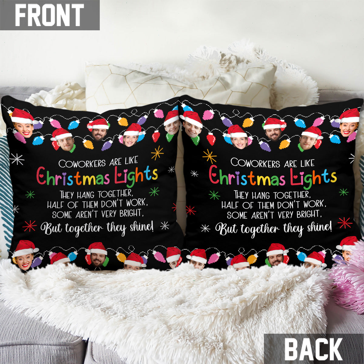 Les collègues, c'est comme les guirlandes de Noël : ensemble, ils brillent - Coussin décoratif personnalisé pour collègues