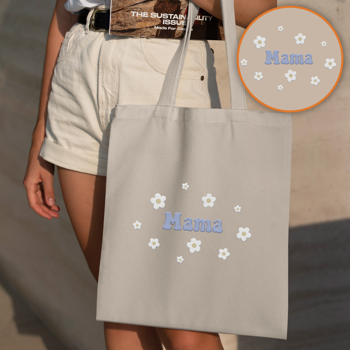 Personalisierte Tragetasche mit Namensaufdruck und Blume – bestickt für Stiefmütter