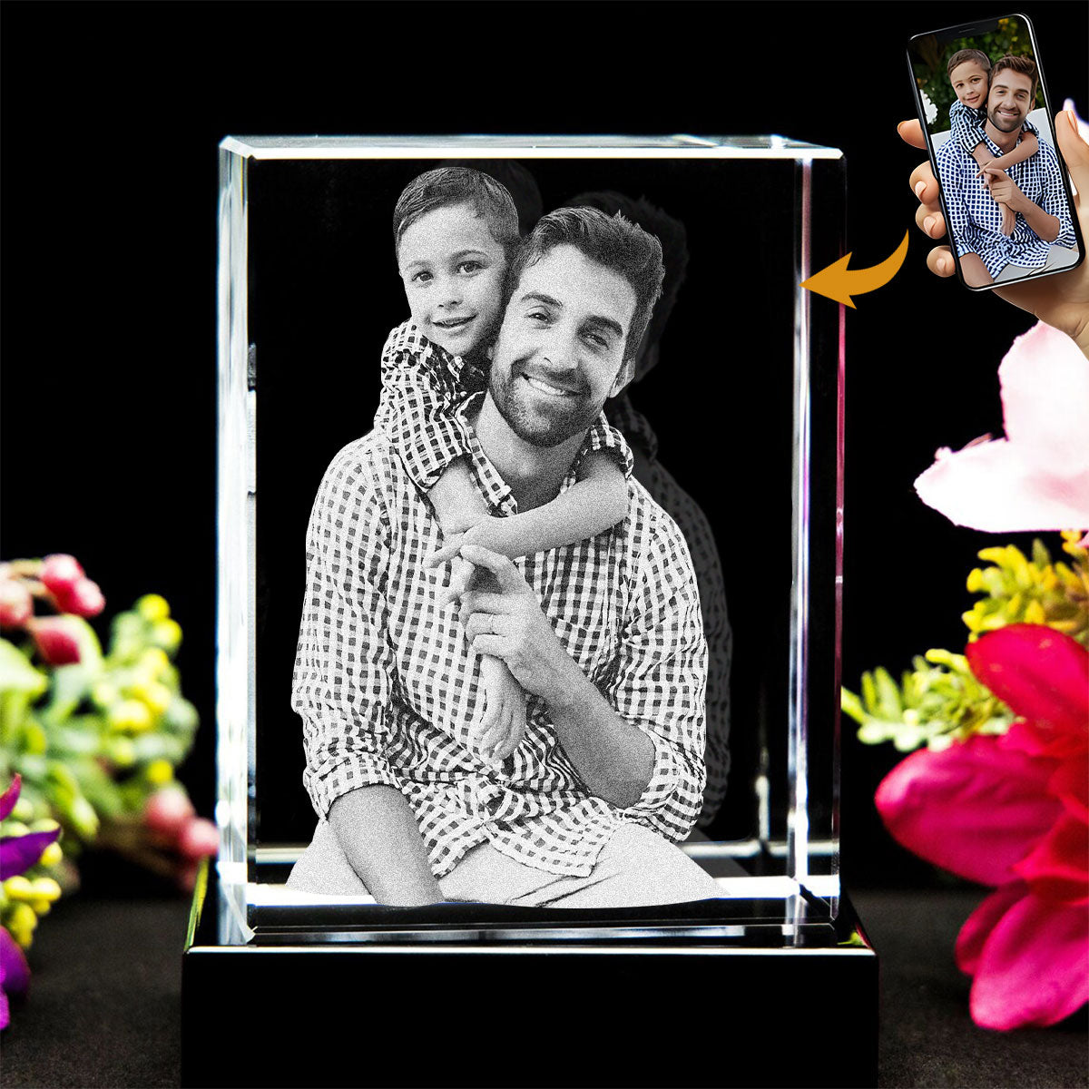 Custom Photo Laser Engraved Crystal Lamp - Gift for dad - Personalized Laser Engraving 3D Cuboid Shaped Crystal Lamp