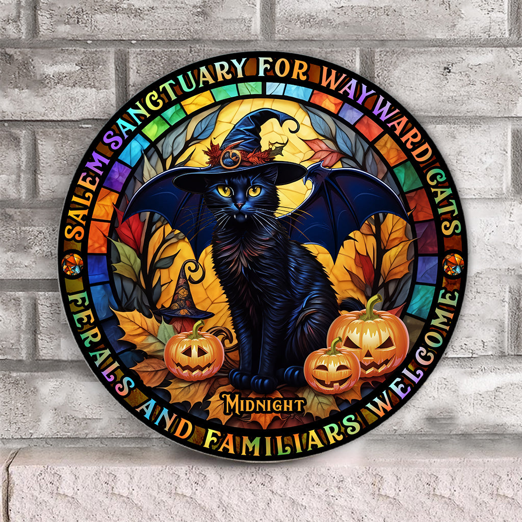 Salem Sanctuary for Wayward Cats - Personalized Black Cat Round Wood Sign