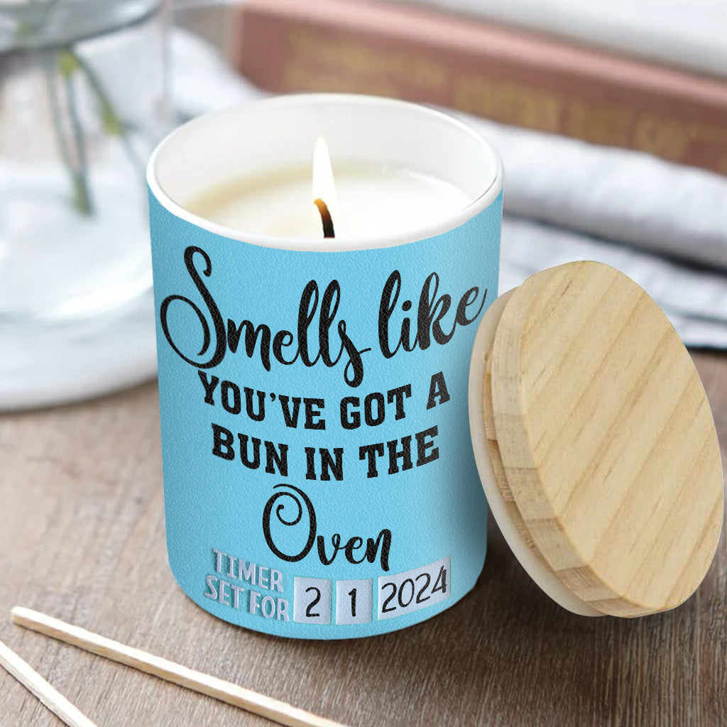 Smells Like You've Got A Bun In The Oven - Pregnancy gift for wife - Personalized Candle With Wooden Lid