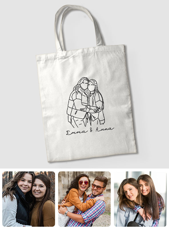 Custom Photo Line Art - Personalized Sibling Embroidered Tote Bag