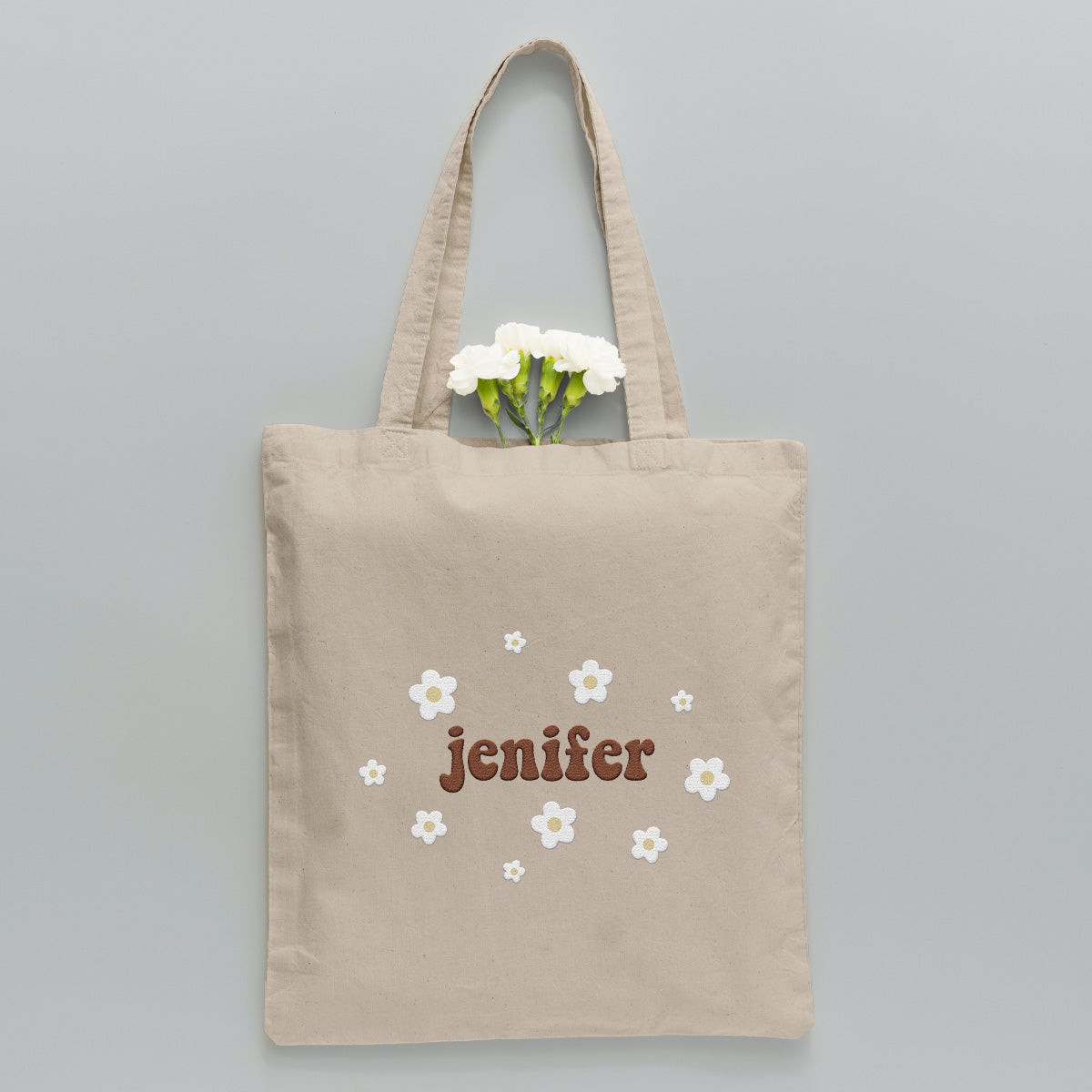 Personalisierte Tragetasche mit Namensstickerei und Blume – Bestickte Tasche für die Tochter