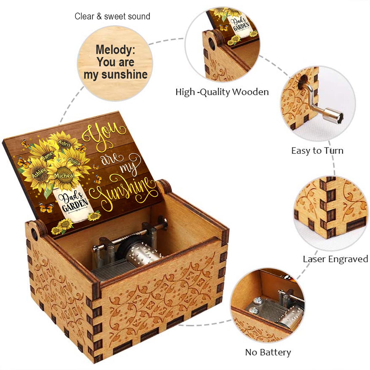 You Are My Sunshine - Gift for grandma, dad, mom, grandpa - Personalized Hand Crank Music Box