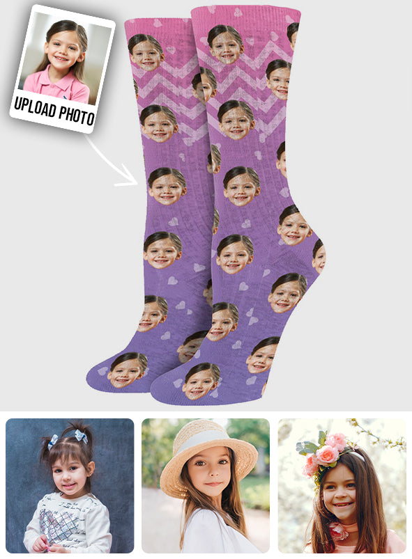 Chaussettes personnalisées pour fille, motif violet et visage personnalisé