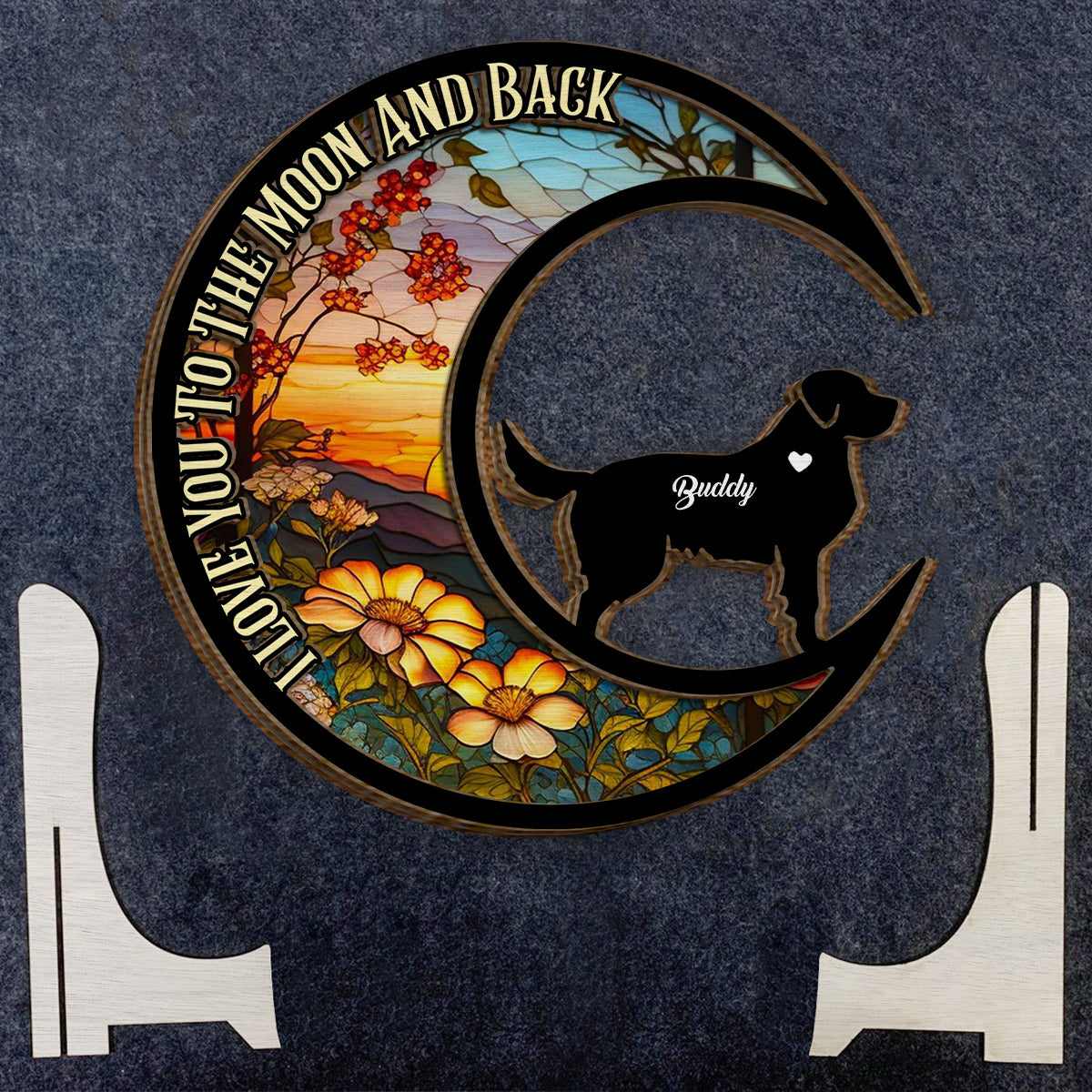 Je t'aime jusqu'à la lune et retour - Cadeau pour les amoureux des chiens - Plaque en bois personnalisée à 2 couches