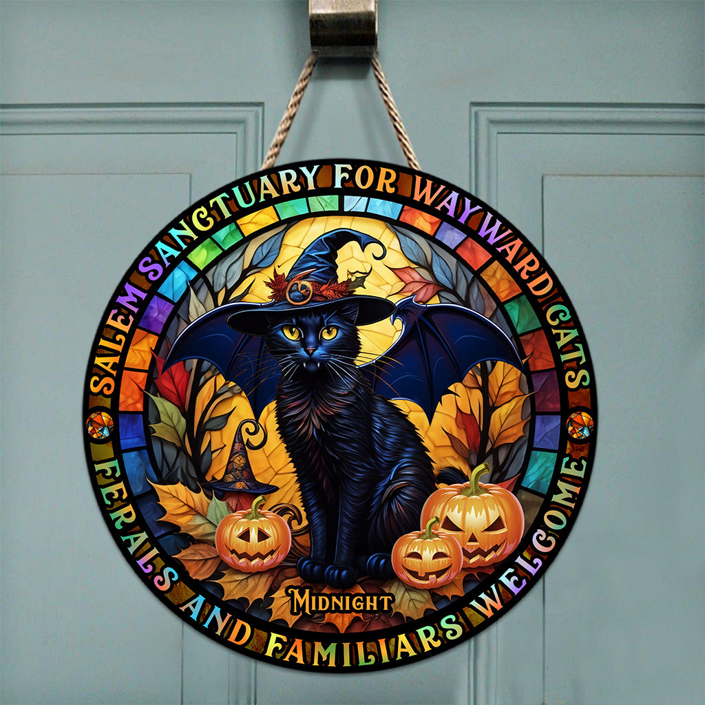 Salem Sanctuary for Wayward Cats - Personalized Black Cat Round Wood Sign