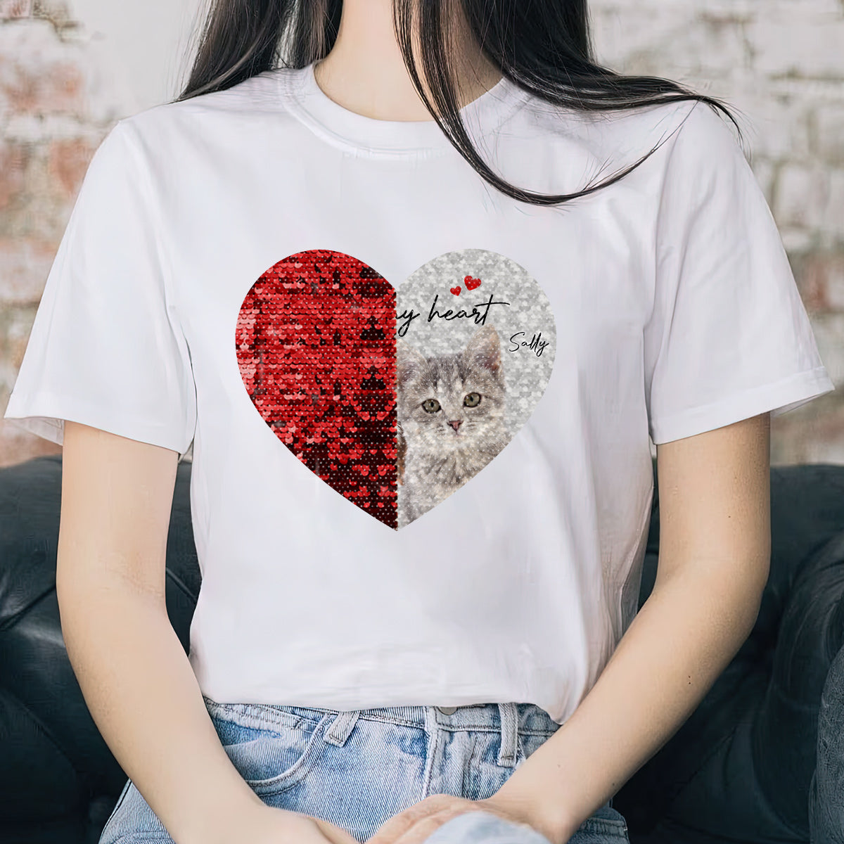 T-shirt à sequins personnalisé avec photo de chien et chat « Pour toujours dans mon cœur » - Cadeau idéal pour les amoureux des chiens et des chats