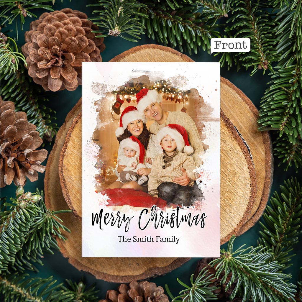 Merry Christmas Photo Upload Watercolor Effect - Personalized QR Greeting Card