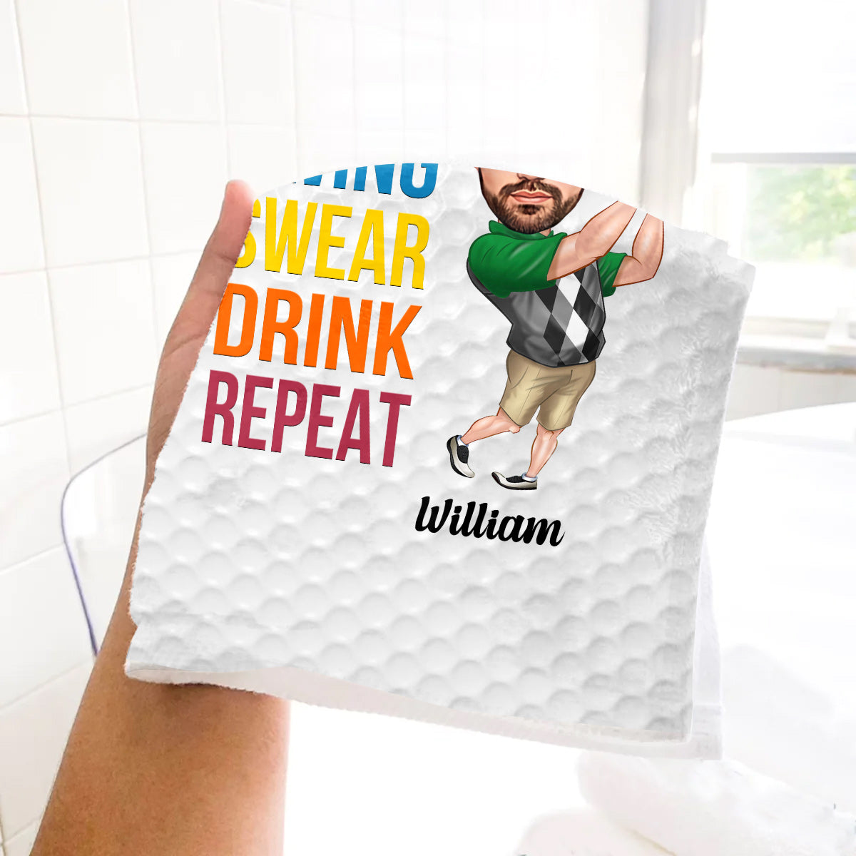 Serviette de golf personnalisée « Swing Swear Drink Repeat »