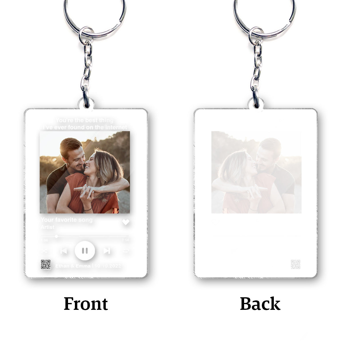 Custom Photo And Favorite Song Scannable QR Code - Personalized Husband And Wife Transparent Keychain