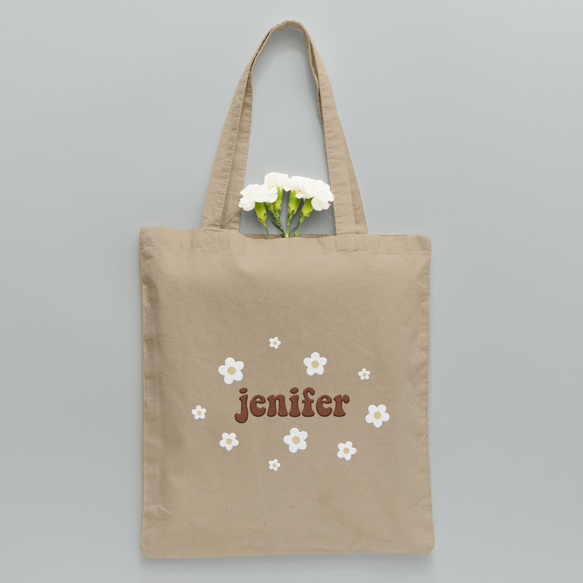 Personalisierte Tragetasche mit Namensstickerei und Blume – Bestickte Tasche für die Tochter
