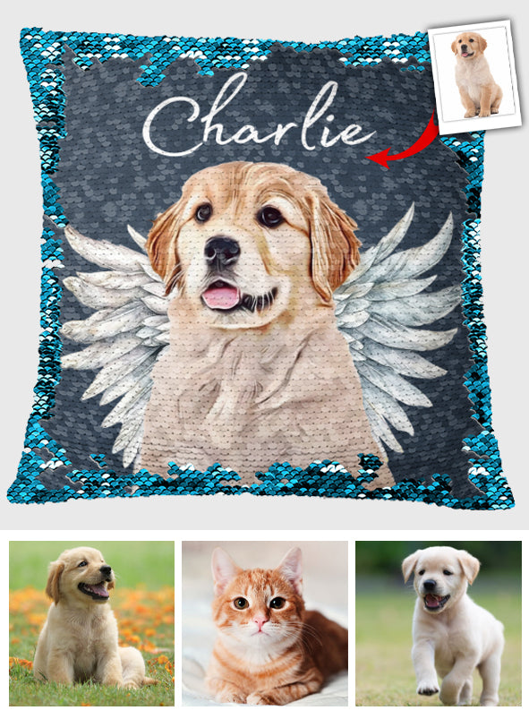 Dog Cat Angel Wings - Gift for dog lovers, cat lover, who lost dog, who lost cat - Personalized Sequin Pillow Cover