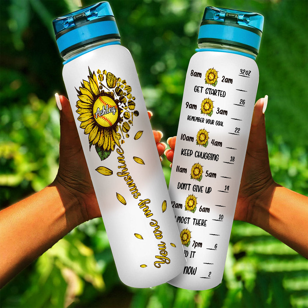 You Are My Sunshine Softball - Gourde personnalisée avec suivi d'hydratation pour le softball