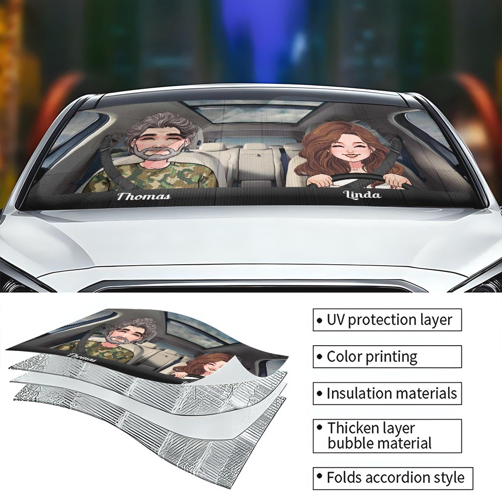 Adventure Awaits - Husband And Wife gift for wife, husband, girlfriend, boyfriend, mom, dad - Personalized Car Sunshade