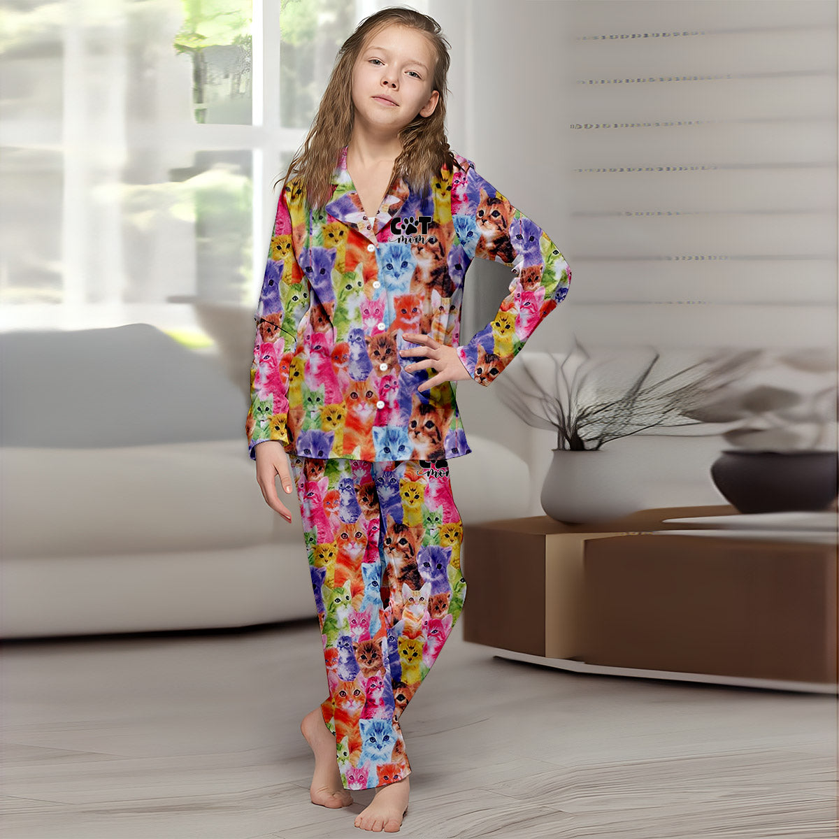 Foto-Einfügung im farbenfrohen Stil - Personalisierter Katzen-Pyjama mit Knopfleiste