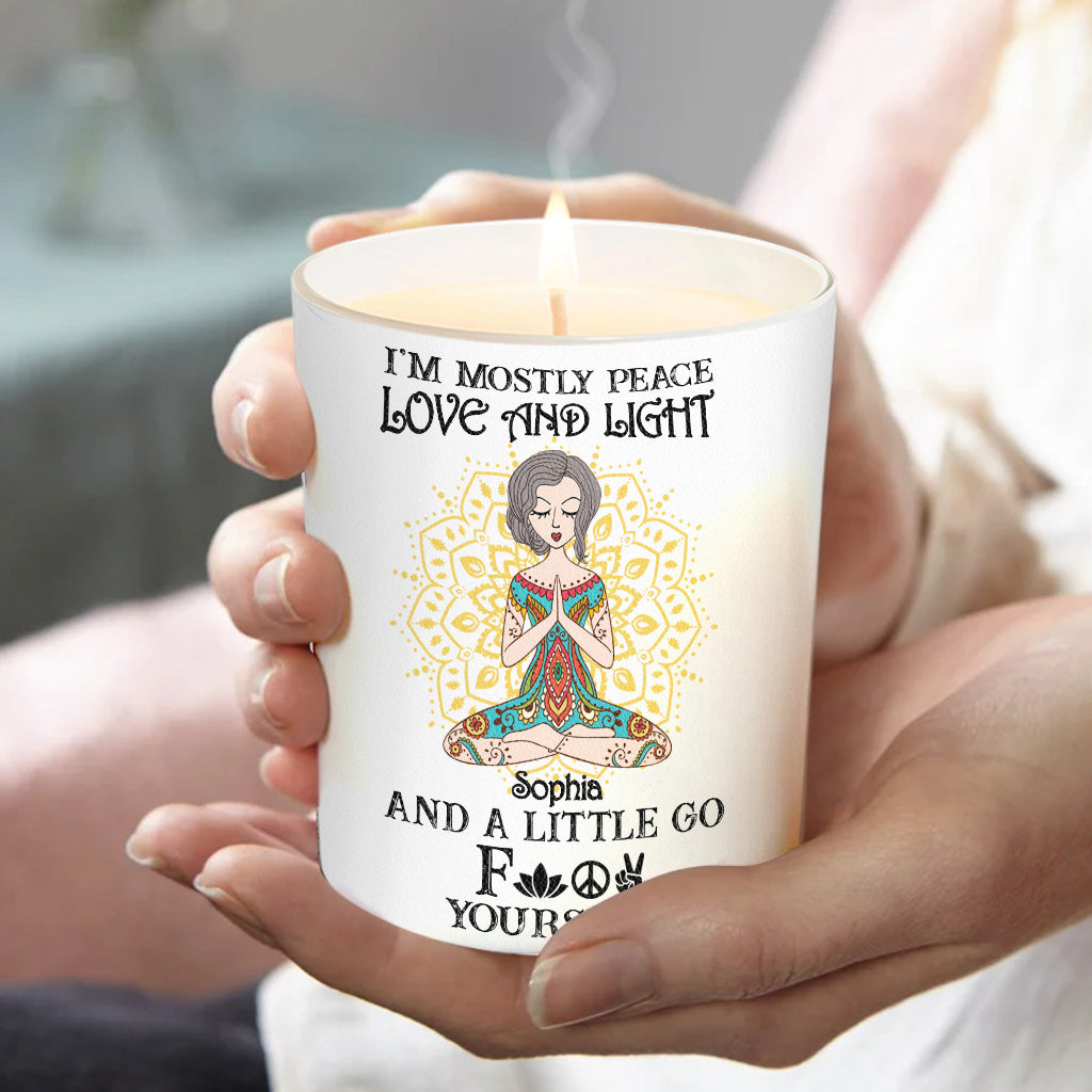 I’m Mostly Peace Love And Light - Personalized Yoga Candle With Wooden Lid