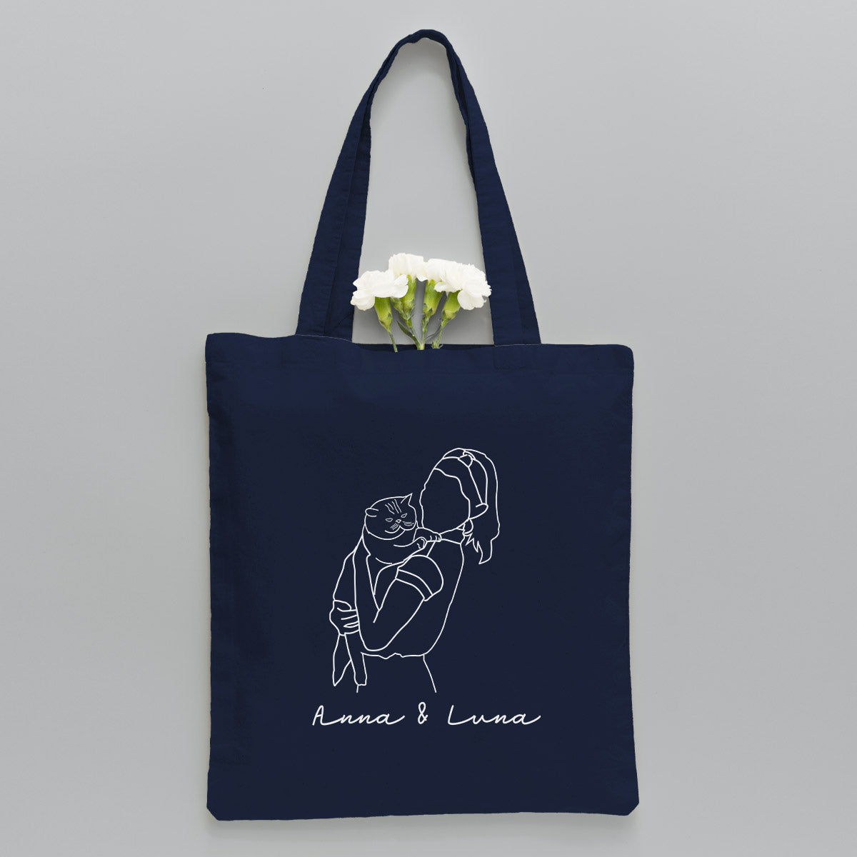 Individuelle Foto-Strichzeichnung – Personalisierte Tragetasche mit Katzenstickerei