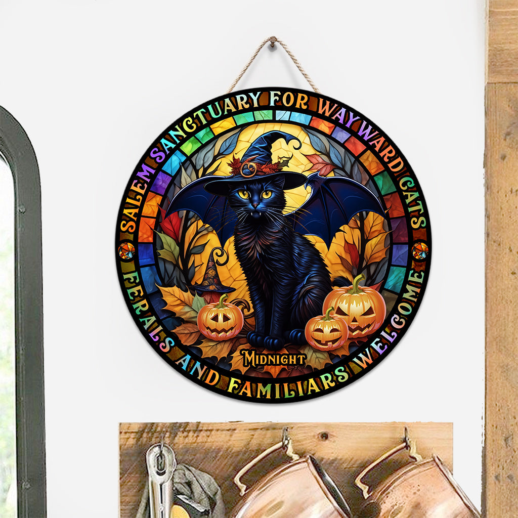 Salem Sanctuary for Wayward Cats - Personalized Black Cat Round Wood Sign