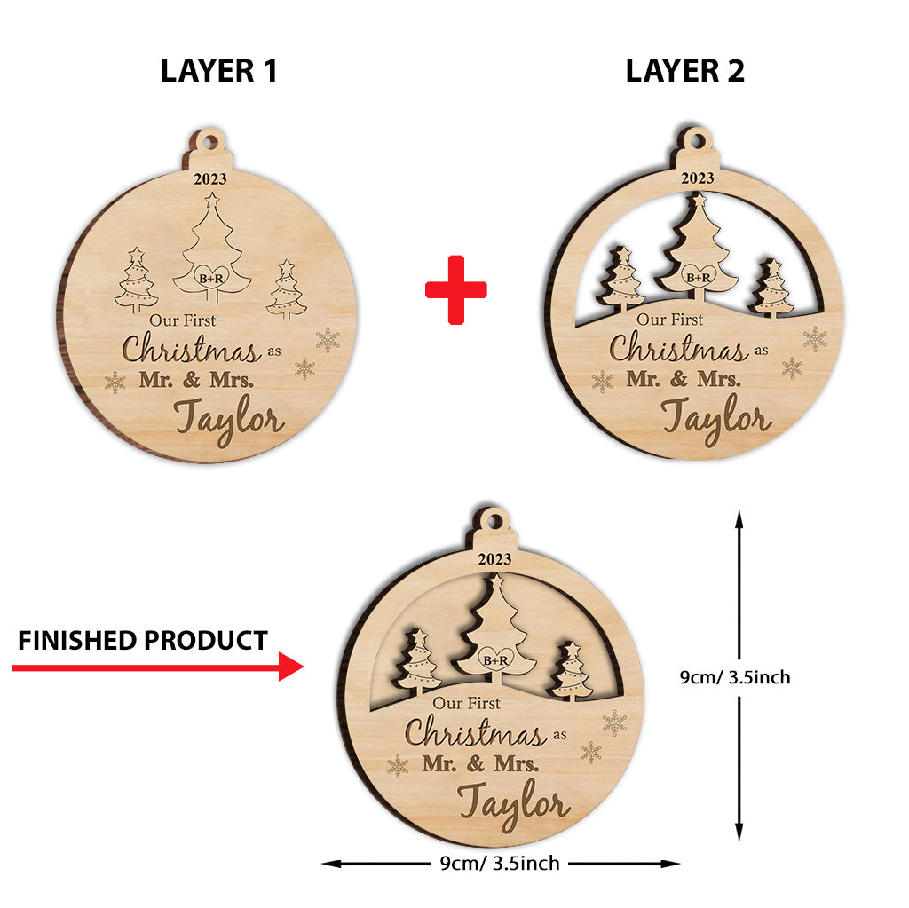 Our First Christmas As Mr & Mrs - Personalized Husband And Wife 2 Layered Wooden Ornament