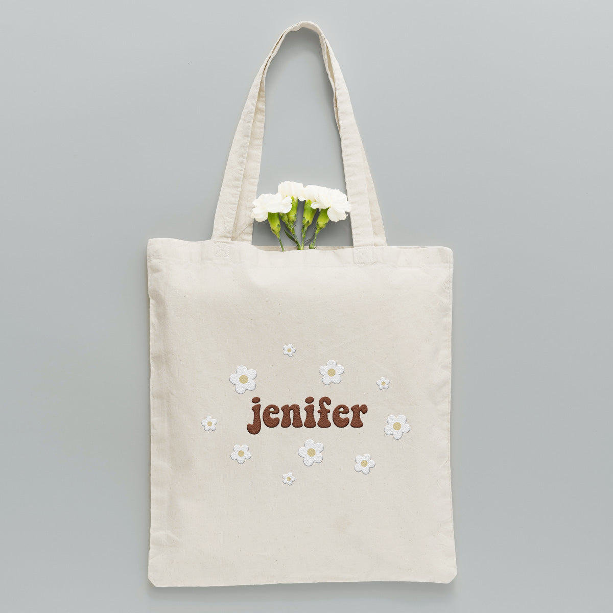 Personalisierte Tragetasche mit Namensstickerei und Blume – Bestickte Tasche für die Tochter