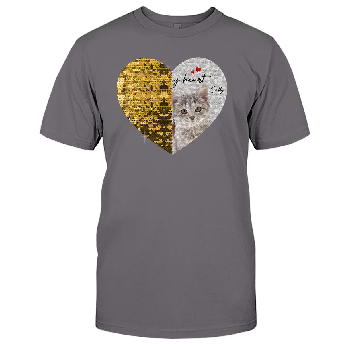 T-shirt à sequins personnalisé avec photo de chien et chat « Pour toujours dans mon cœur » - Cadeau idéal pour les amoureux des chiens et des chats
