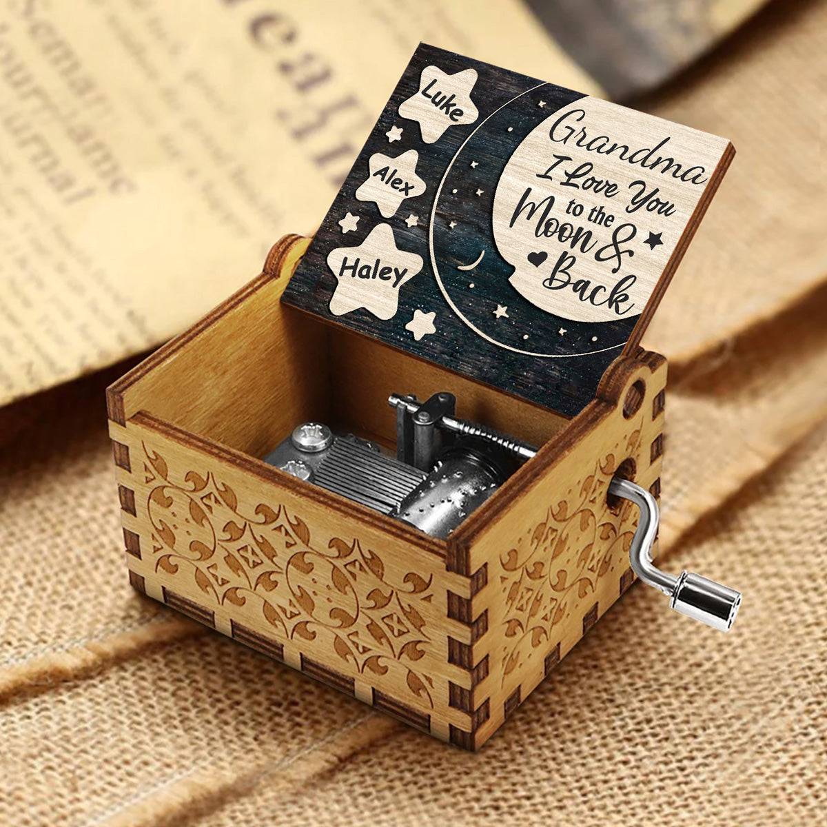 I Love You To The Moon And Back - Gift for mom, grandma, dad, grandpa - Personalized Hand Crank Music Box