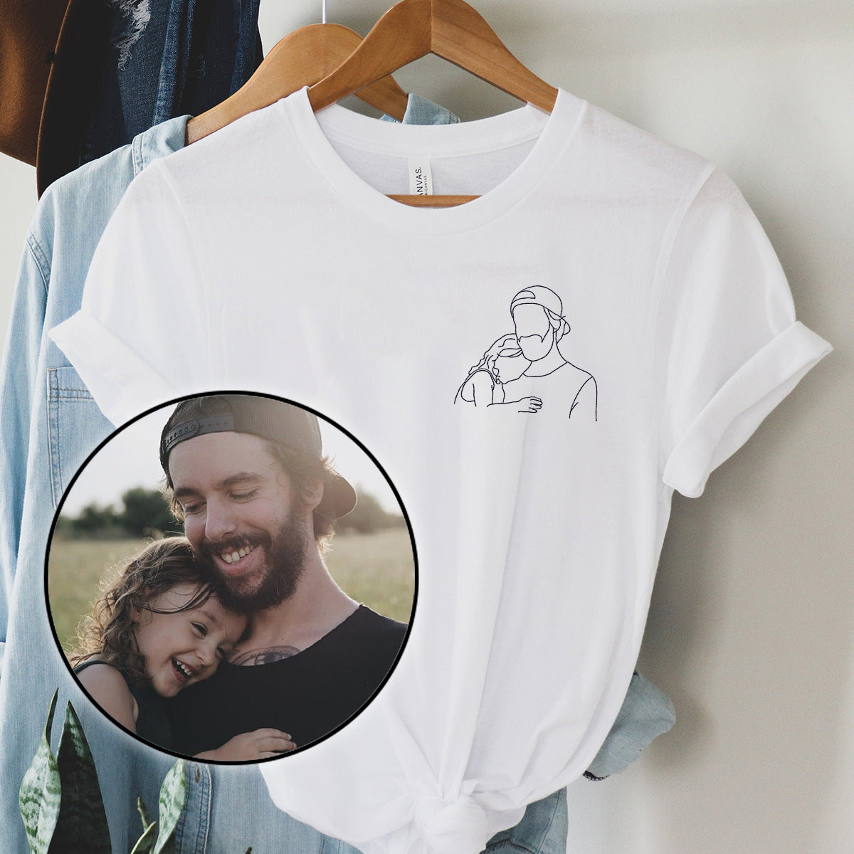 Individuelle Strichzeichnung – Personalisiertes, besticktes T-Shirt für Stiefväter
