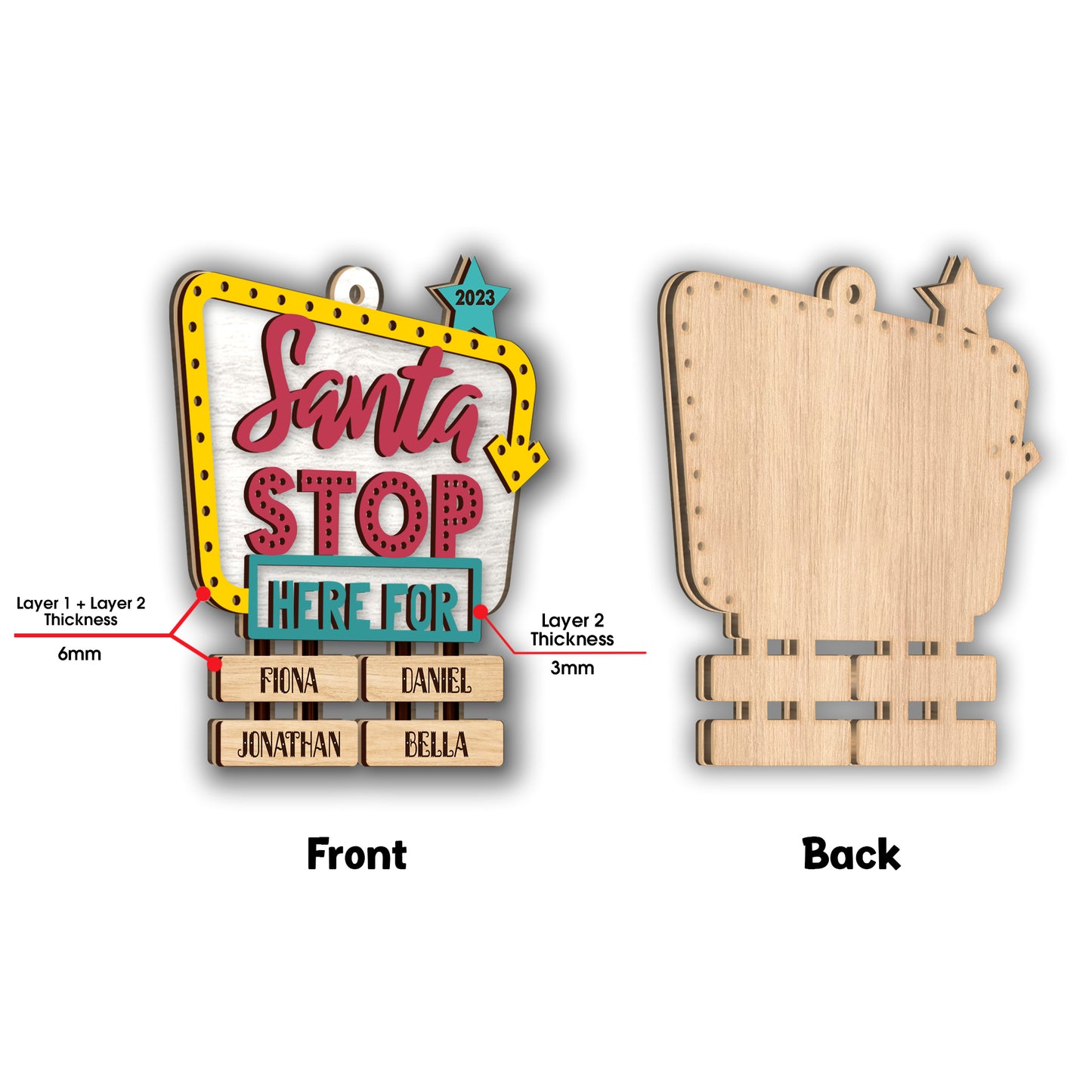 Weihnachtsmann-Halt hier für - Personalisierter Oma-Weihnachtsbaumschmuck, 2-lagig