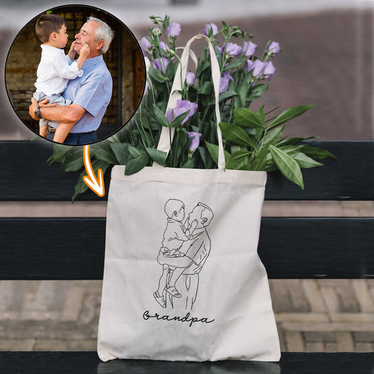 Custom Photo Line Art - Personalized Grandpa Embroidered Tote Bag