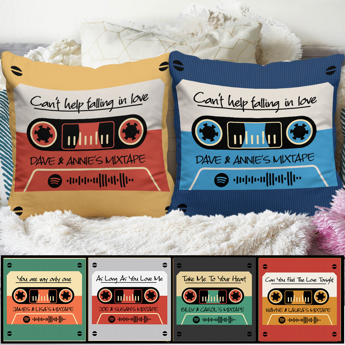 Any Name's Mixtape With Scannable QR Code & Many Background Colors - Personalized Couple Throw Pillow