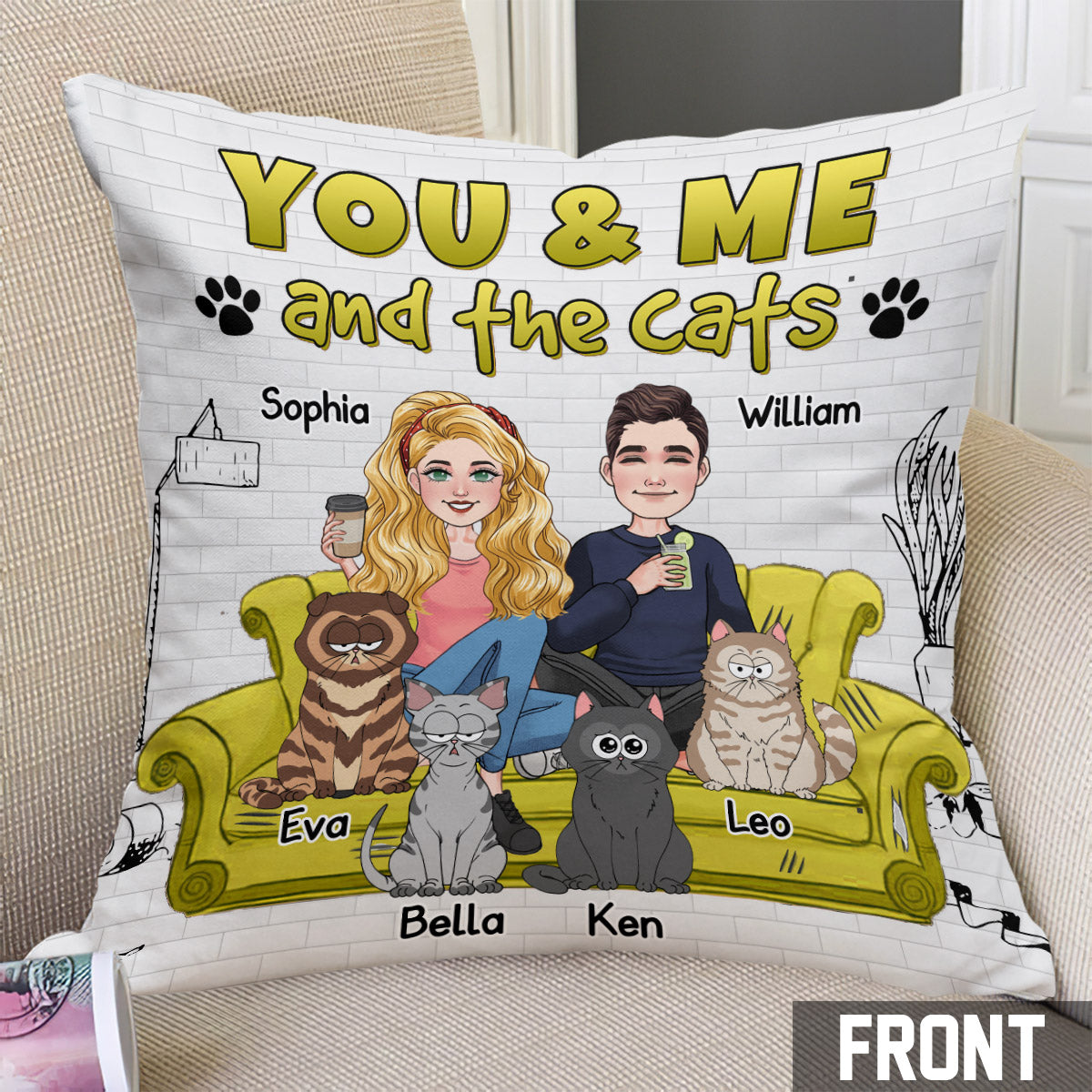 Coussin décoratif personnalisé pour chats « Toi, moi et les chats »